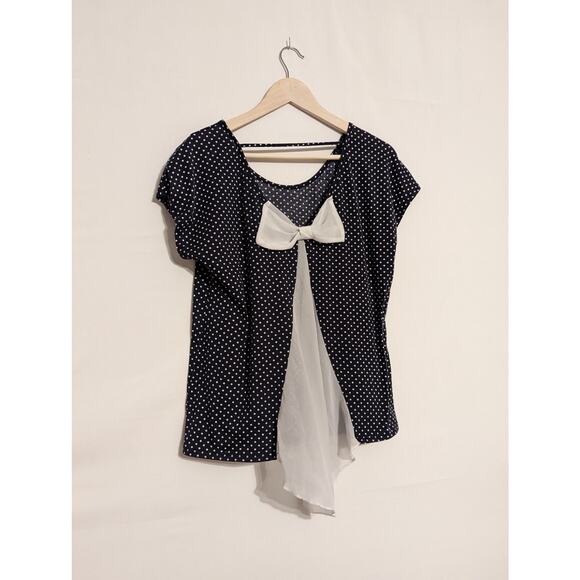 robins nest maternity navy blue white polka dots white sheer bow womens large - Picture 3 of 5